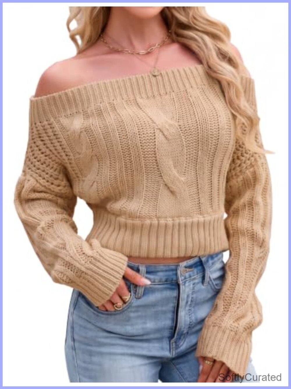 Off Shoulder Sweater Women Cropped Cable Knit Oversized Pullover